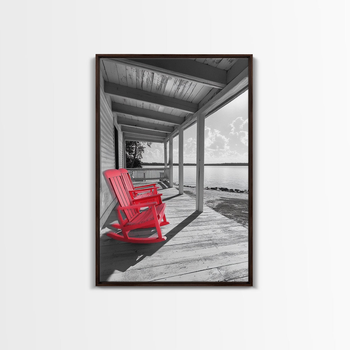 Red Porch Chairs, Lakeside Retreat, Cozy Country Morning, Framed Canvas Print, Farmhouse Decor, Rustic Living Room Wall Art, Peaceful Vibe