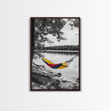 Hammock Lake Scene, Peaceful Nature Art, Fall Outdoors, Relaxed Escape, Framed Canvas Print, boho decor, bedroom art, cozy wall print