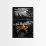 Campfire Chairs Lake, Autumn Firepit Scene, Rustic Retreat, Cabin Escape, Framed Canvas Print, cozy wall art, man cave cabin decor