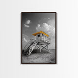 Lifeguard Tower Yellow, Beach Escape, Summer Vibe Art, Ocean Watch Post, Framed Canvas Print, coastal home decor, beach house wall art
