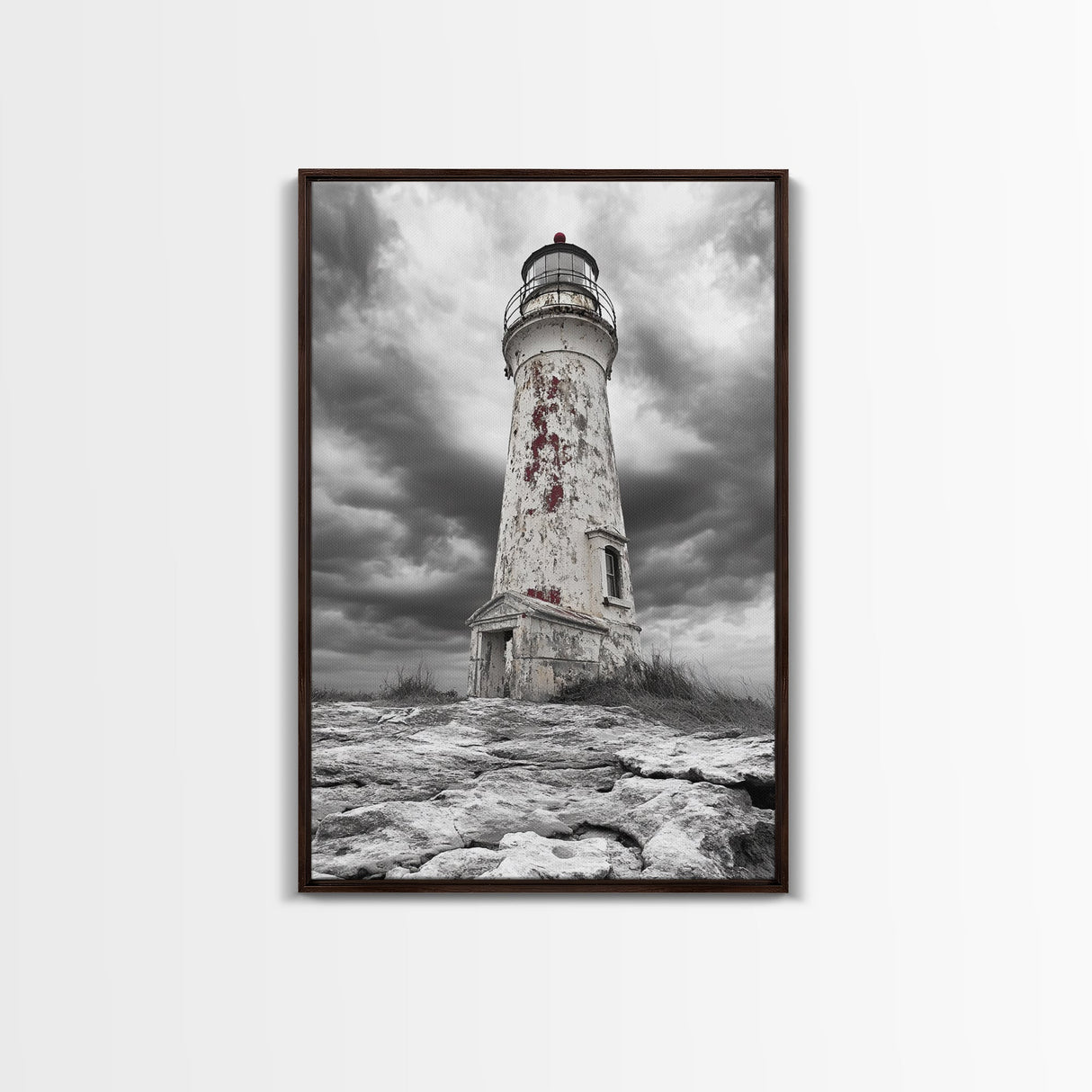 Rustic Lighthouse Shore, Weathered Tower Art, Stormy Coast Scene, Moody Seaside, Framed Canvas Print, nautical bathroom or den wall decor