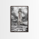 Rustic Lighthouse Shore, Weathered Tower Art, Stormy Coast Scene, Moody Seaside, Framed Canvas Print, nautical bathroom or den wall decor