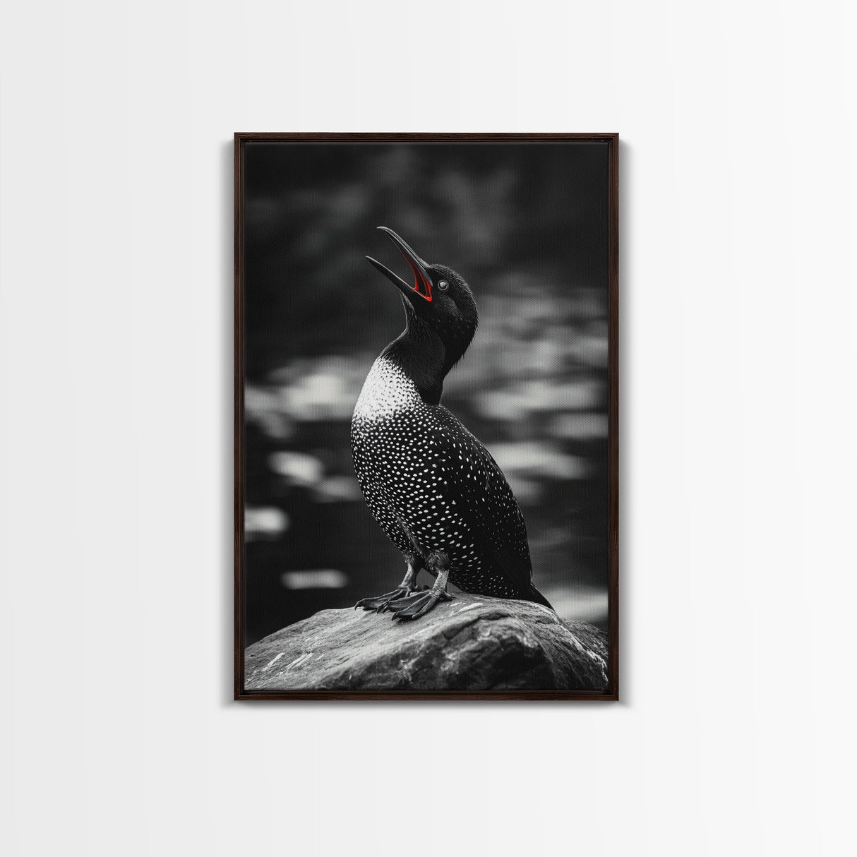 Loon Call, Singing Bird, Red Beak, Monochrome Framed Canvas Print, Wildlife Wall Decor, Bird Lover Wall Art, Rustic Cabin Accent