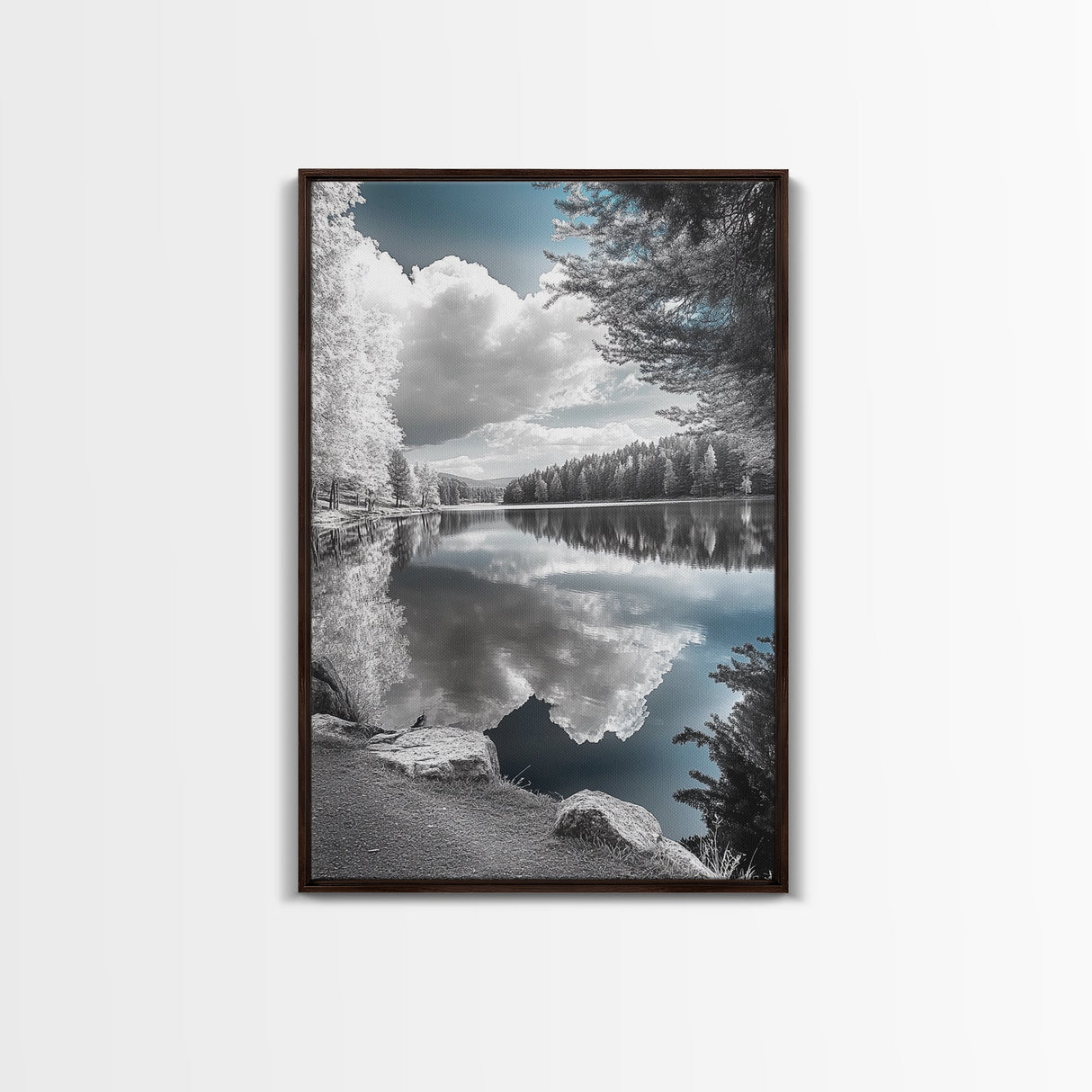 Mountain Lake Clouds, Serene Forest Reflection, Scenic Nature Photography, Framed Canvas Print, Bedroom Tranquility Wall Art