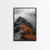 Misty Mountain Hike, Orange Trail Grass, Adventure Explorer Print, Moody Wilderness Scene, Framed Canvas Print, Rustic Cabin Wall Art