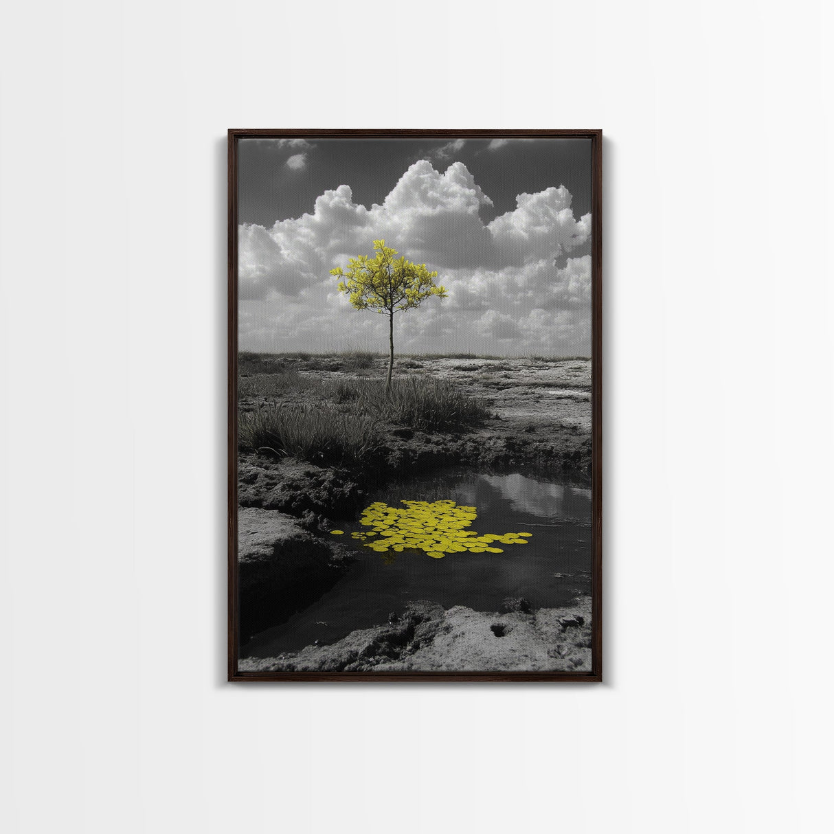 Solitary Tree, Desert Reflection, Yellow Leaves, Framed Canvas Print, Minimalist Wall Art, Bedroom Decor, Nature Fine Art Landscape