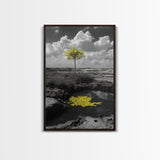 Solitary Tree, Desert Reflection, Yellow Leaves, Framed Canvas Print, Minimalist Wall Art, Bedroom Decor, Nature Fine Art Landscape