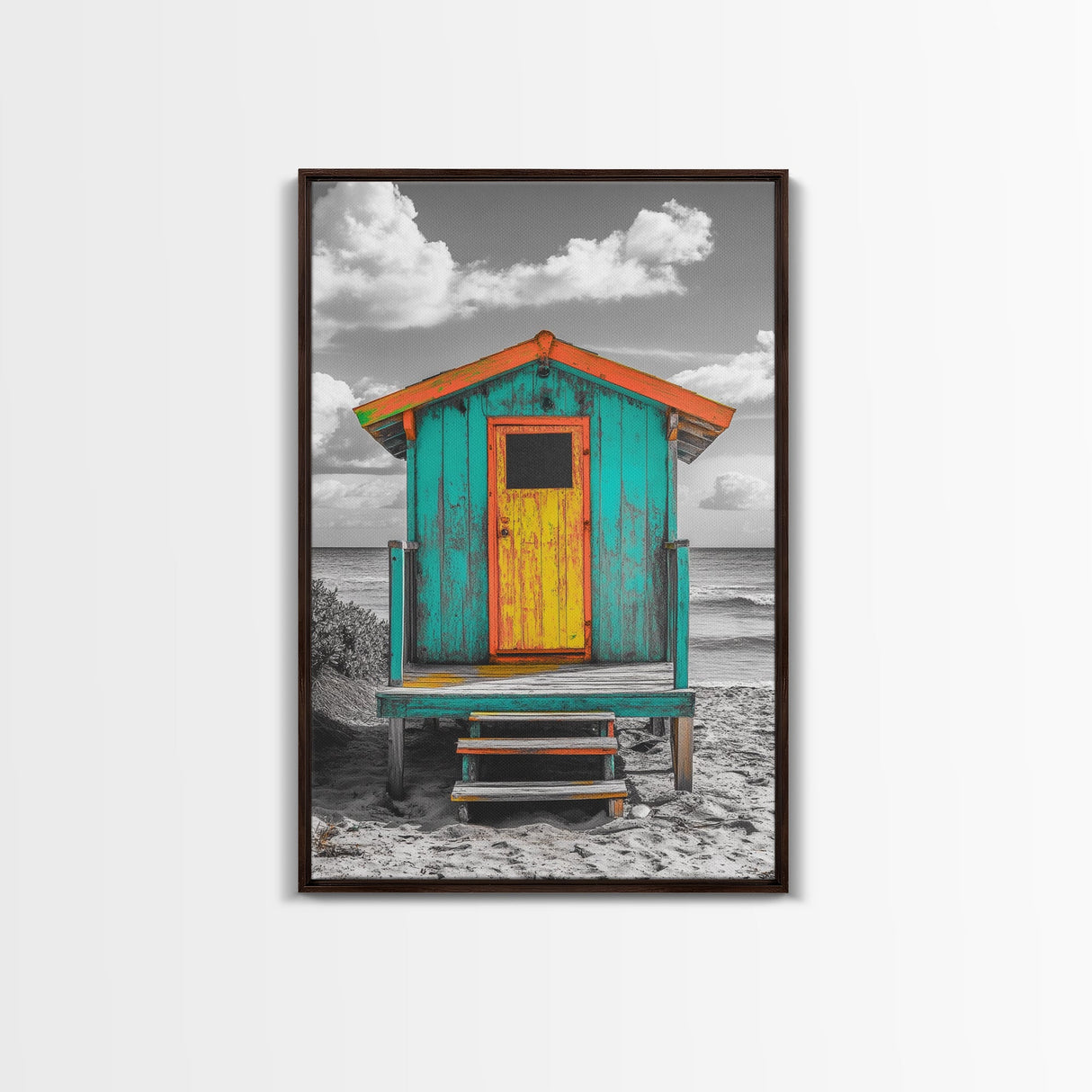 Colorful Beach Hut, Surf Shack, Coastal Cabin, Framed Canvas Print, Tropical Wall Art, Living Room Decor, Bright Summer Home Style
