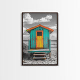 Colorful Beach Hut, Surf Shack, Coastal Cabin, Framed Canvas Print, Tropical Wall Art, Living Room Decor, Bright Summer Home Style