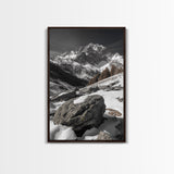 Snowy Alpine Scene, Winter Mountainscape, Nature Photography, Framed Canvas Print, Lodge Wall Art, Cabin Decor, Black and White Art