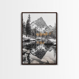 Snow Reflection Forest, Autumn Trees, Serene Mountain River, Framed Canvas Print, Bedroom Wall Art, Peaceful Cabin Scene, Fall Art