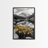Yellow Wildflowers Lake, Alpine Meadow, Monochrome Landscape, Canvas Print, Kitchen Wall Art, Spring Nature Photography Decor