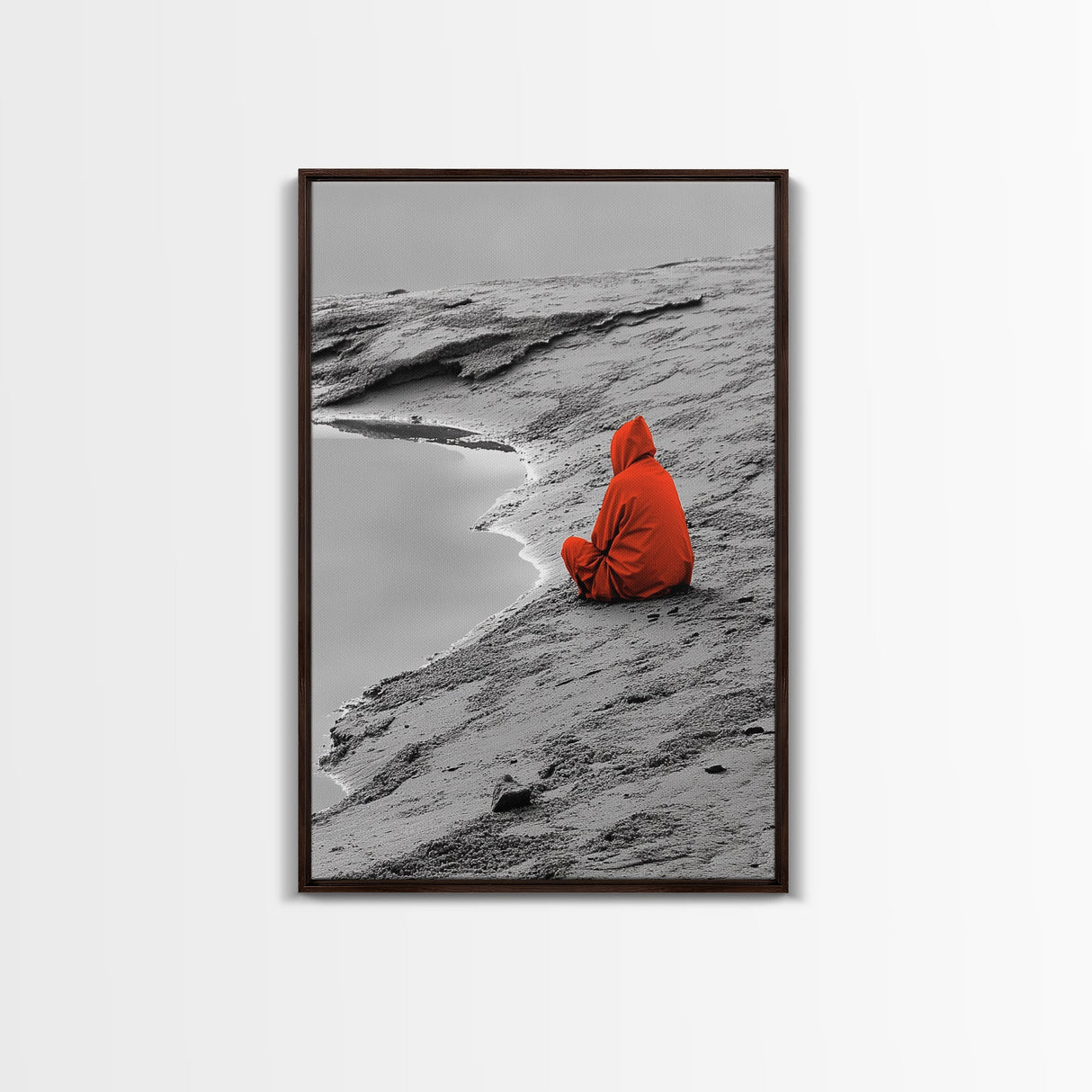 Red Cloaked Solitude, Minimalist Seashore, Peaceful Hooded Figure, Framed Canvas Print, Meditation Room Art, Surreal Photography