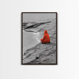 Red Cloaked Solitude, Minimalist Seashore, Peaceful Hooded Figure, Framed Canvas Print, Meditation Room Art, Surreal Photography