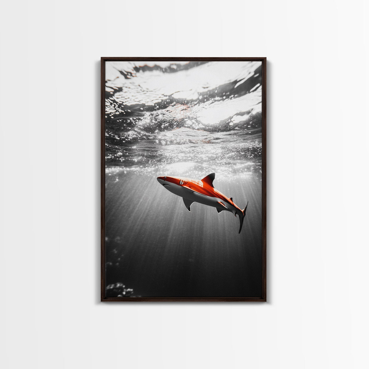Red Shark, Underwater Scene, Ocean Light Rays, Color Contrast, Canvas Print, Modern Marine Art, Bathroom Wall Art, Nautical Style