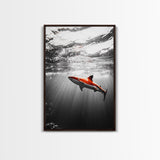 Red Shark, Underwater Scene, Ocean Light Rays, Color Contrast, Canvas Print, Modern Marine Art, Bathroom Wall Art, Nautical Style