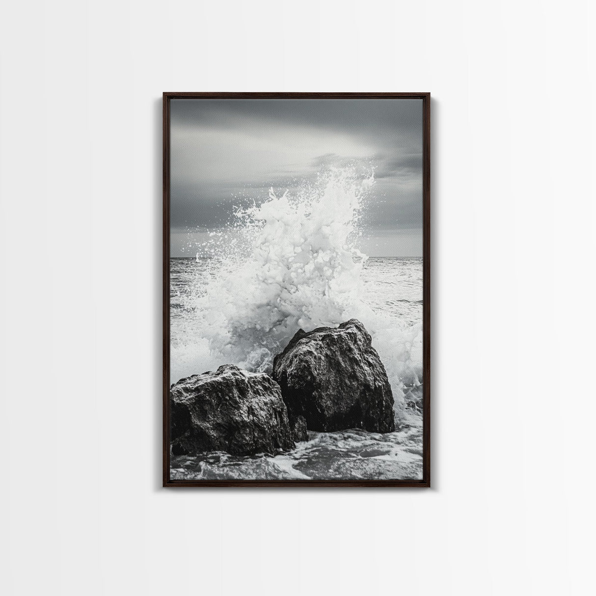 Ocean Splash, Rocky Coast, Dramatic Seascape, Monochrome Power, Framed Canvas Print, Coastal Wall Art, Entryway or Office Decor