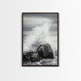 Ocean Splash, Rocky Coast, Dramatic Seascape, Monochrome Power, Framed Canvas Print, Coastal Wall Art, Entryway or Office Decor