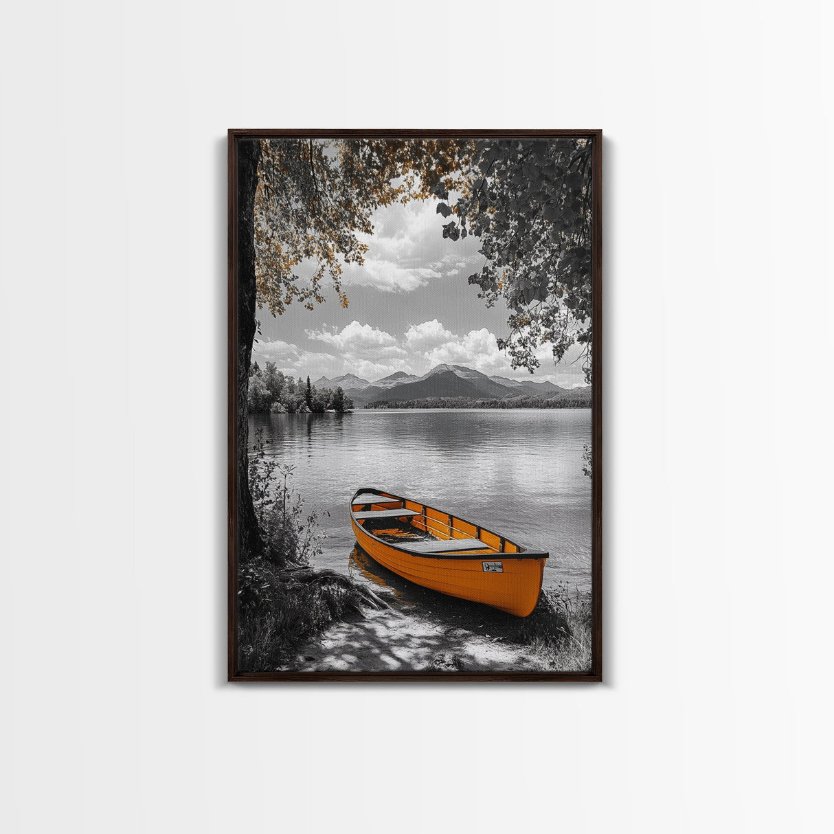 Lake Rowboat, Serene Waters, Mountain Reflection, Framed Canvas Print, Minimalist Nature Art, Living Room Wall Art, Tranquil Landscape