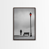 Red Street Lamp, Snowy Walkway, Silhouette Scene, Framed Canvas Print, Moody Wall Art, Minimalist Decor, Winter Vibes, Bedroom Accent