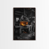 Forge Fire, Rustic Workshop, Industrial Heat, Metal Craft, Framed Canvas Print blacksmith decor, man cave wall art, moody workshop vibe