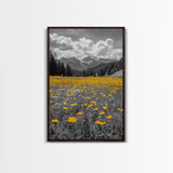 Yellow Wildflowers, Mountain Field, Blooming Meadow, Framed Canvas Print, Nature Photography, Rustic Decor, Dining Room Wall Art