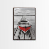 Red Rowboat, Dock Stillness, Minimalist Lake Scene, Canvas Print, Nautical Wall Art, Bathroom Decor, Tranquil Seascape, Coastal Aesthetic