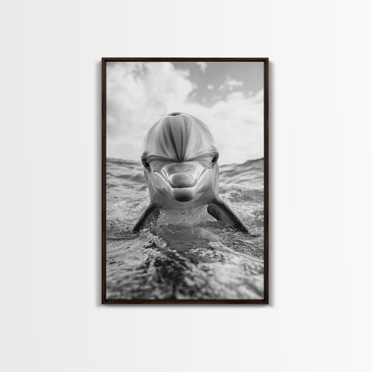 Dolphin Splash, Ocean Encounter, Monochrome Wildlife, Canvas Print, Coastal Wall Art, Bathroom Decor, Marine Animal Photography