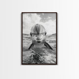 Dolphin Splash, Ocean Encounter, Monochrome Wildlife, Canvas Print, Coastal Wall Art, Bathroom Decor, Marine Animal Photography