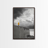 Yellow Raincoat, Ocean Storm, Moody Skies, Framed Canvas Print, Minimalist Wall Art, Coastal Entryway Decor, Contemplative Scene