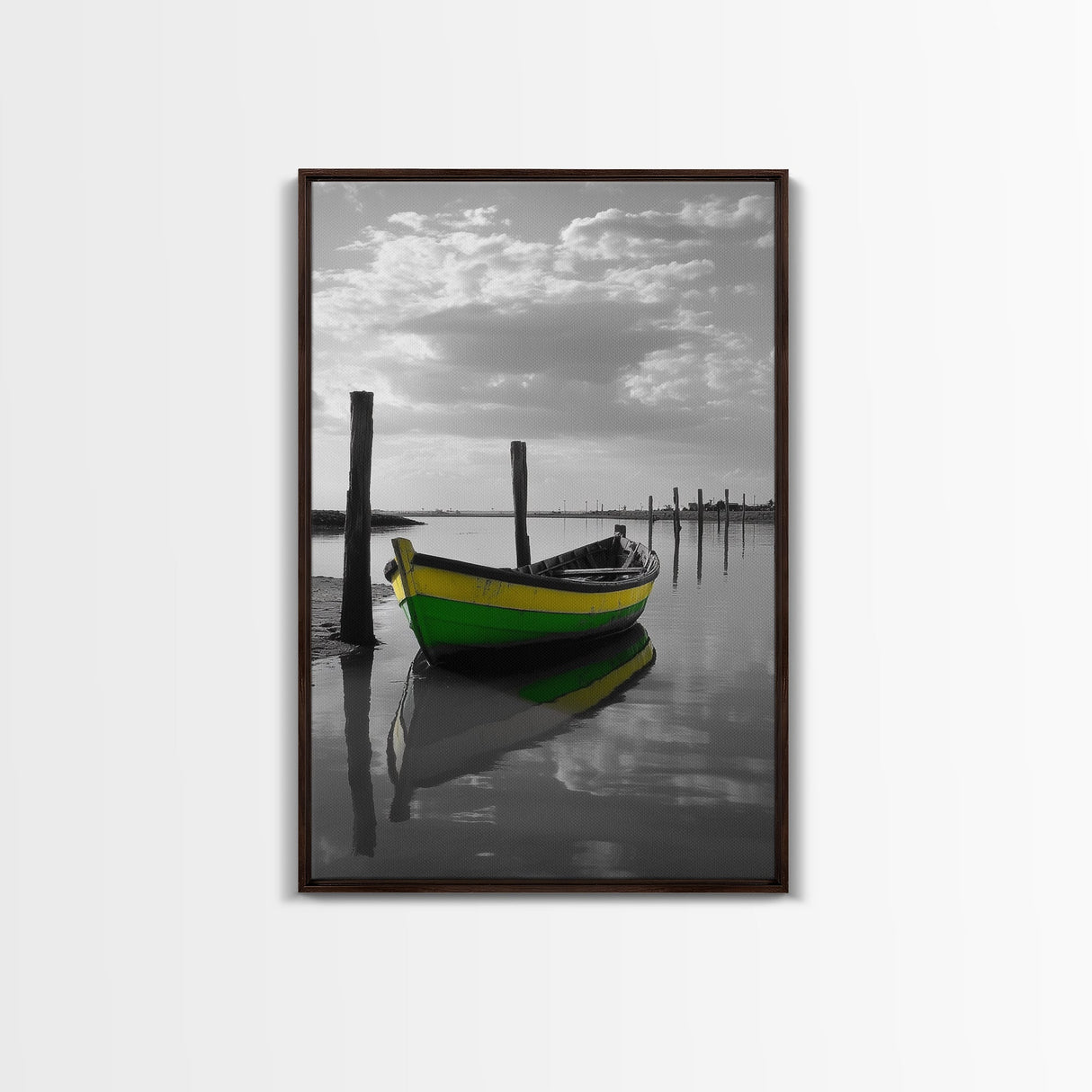 Green Yellow Boat, Serene Reflection, Dockside Calm, Framed Canvas Print, Coastal Bedroom Decor, Minimal Nautical Wall Art