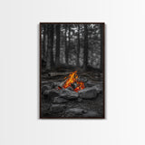 Campfire Glow, Cozy Flames, Autumn Wall Art, Framed Canvas Print, Nature Photography, Rustic Decor, Living Room Cabin Aesthetic