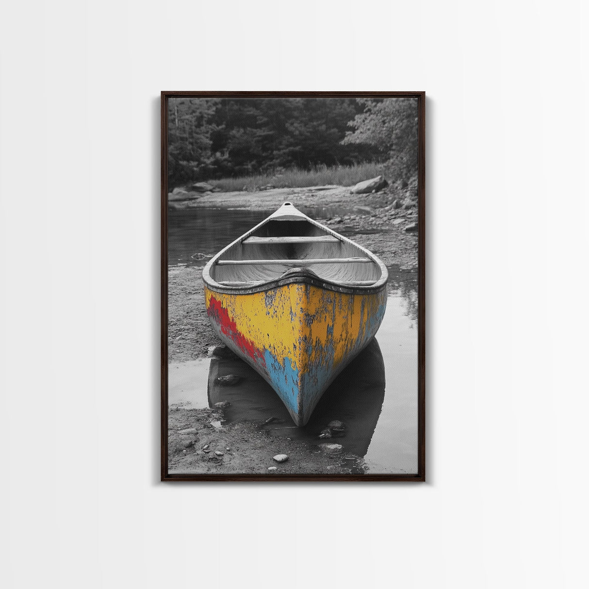 Rustic Canoe, Weathered Paint, River Adventure Art, Framed Canvas Print, Cabin Wall Decor, Color Pop Nature Photography