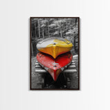 Stacked Kayaks, Red and Yellow, Forest Wall Art, Canvas Print, Adventure Photography, Outdoor Cabin Decor, Fall Travel Vibes