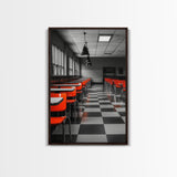 Retro Cafeteria, Red Chairs, Midcentury Modern Art, Canvas Print, Black and White Pop Art, Kitchen Wall Decor, Industrial Style