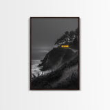 Cabin on Cliff, Moody Coastal Art, Glowing Window, Sunset Seascape, Framed Canvas Print, Minimalist Landscape, Living Room Wall Art