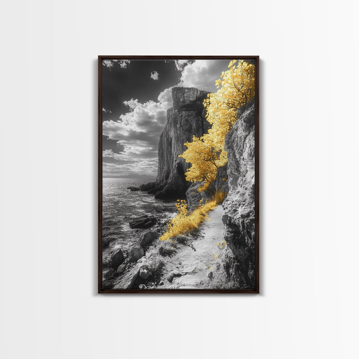 Golden Trees, Dramatic Cliff Path, Ocean Horizon, Nature Escape, Framed Canvas Print, Rustic Wall Art, Autumn Decor, Entryway Art
