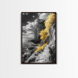 Golden Trees, Dramatic Cliff Path, Ocean Horizon, Nature Escape, Framed Canvas Print, Rustic Wall Art, Autumn Decor, Entryway Art
