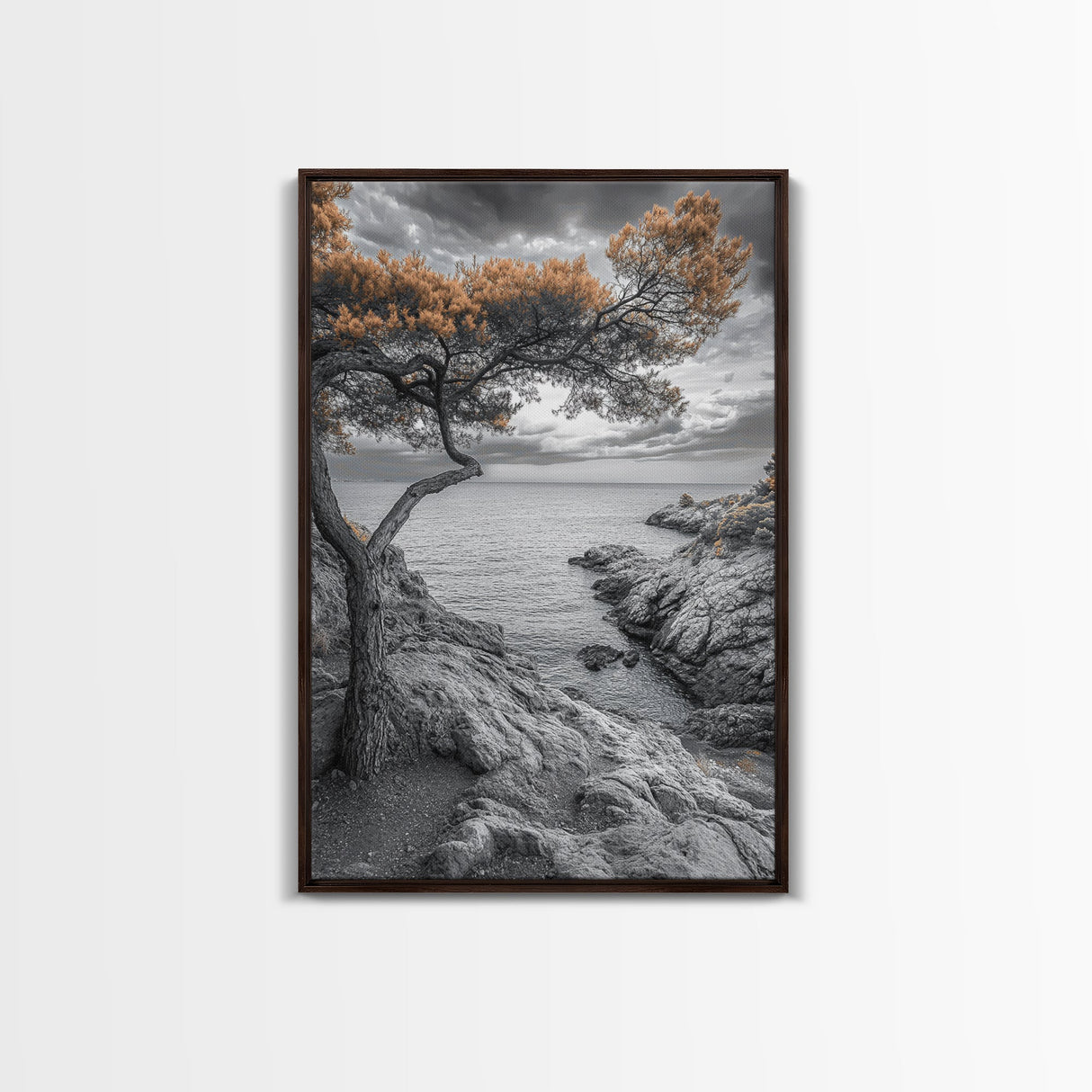 Coastal Tree, Ocean Horizon, Windswept Shoreline, Tranquil Mood, Framed Canvas Print, Minimalist Wall Art, Neutral Tones, Zen Decor