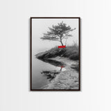 Red Bench, Misty Shore, Solitude Scene, Moody Fog Art, Framed Canvas Print, Minimalist Wall Art, Meditative Decor, Entryway Accent