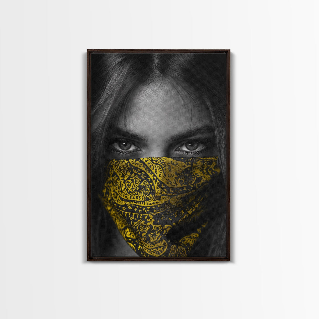 Yellow Bandana Girl, Intense Eyes, Street Portrait, Framed Canvas Print, Modern Photography, Teen Bedroom Wall Art, Bold Style