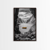 Yellow Boat, Mountain Lake, Serene Fjord Scene, Framed Canvas Print, Minimalist Wall Art, Nature Landscape, Scandinavian Decor