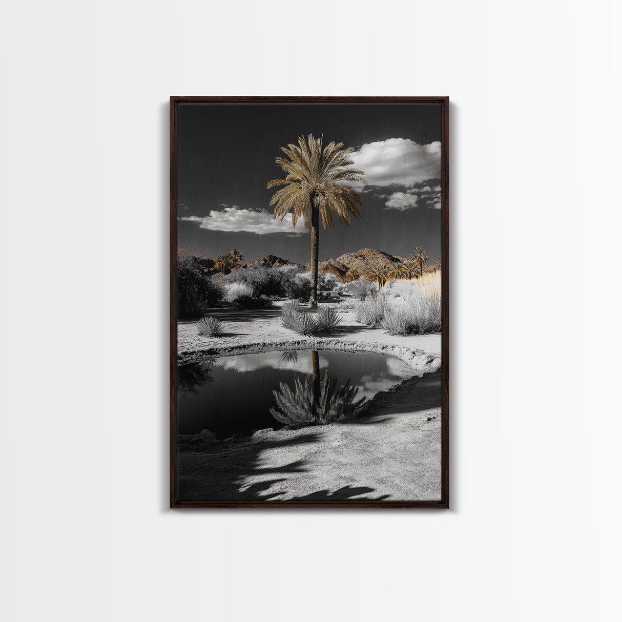 Palm Tree, Desert Oasis, Reflection Pond, Framed Canvas Print, Tropical Wall Art, Boho Decor, Minimalist Landscape Photography