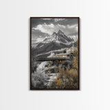 Mountain Escape, Cabin Retreat, Black White Landscape, Framed Canvas Print, Rustic Cabin Art, Bedroom Wall Decor, Nature Lodge Decor