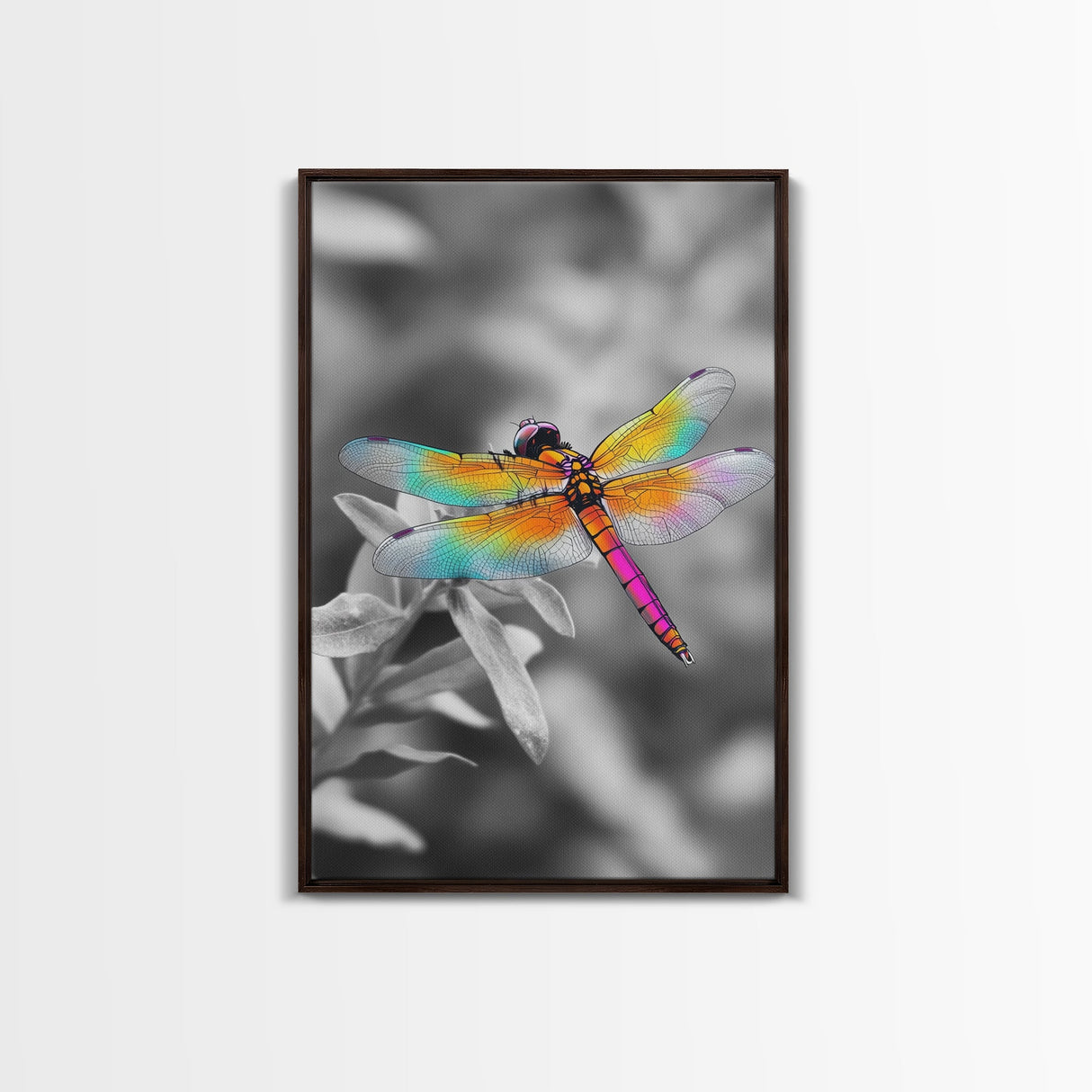 Rainbow Dragonfly, Vibrant Bug, Botanical Contrast, Framed Canvas Print, Nature Inspired Art, Bedroom Wall Decor, Whimsical Garden Accent
