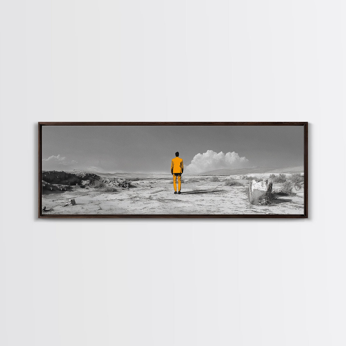 Yellow Suit, Surreal Desert, Lone Wanderer, Conceptual Art — Framed Canvas Print, Modern Art, Office Decor, Minimalist Statement Piece