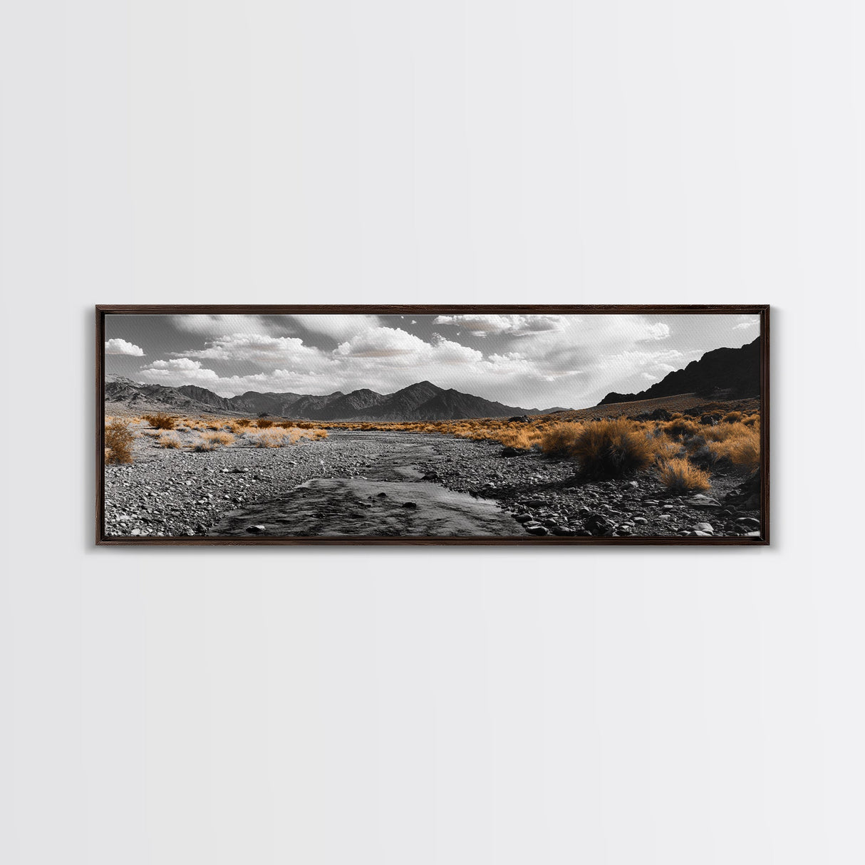 Desert Creek, Rugged Mountains, Golden Shrubs, Nature Path — Framed Canvas Print, Autumn Wall Decor, Rustic Office Art, Landscape Canvas