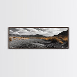 Desert Creek, Rugged Mountains, Golden Shrubs, Nature Path — Framed Canvas Print, Autumn Wall Decor, Rustic Office Art, Landscape Canvas