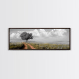 Lone Tree, Meadow Path, Dreamy Field, Cloudy Sky, Framed Canvas Print, Calm Decor, Entryway Wall Art, Soft Focus Nature