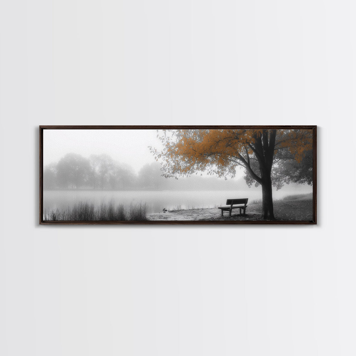 Foggy Lake, Autumn Tree, Peaceful Bench, Serene Nature, Framed Canvas Print, Fall Wall Decor, Zen Living Room Art, Bedroom Decor